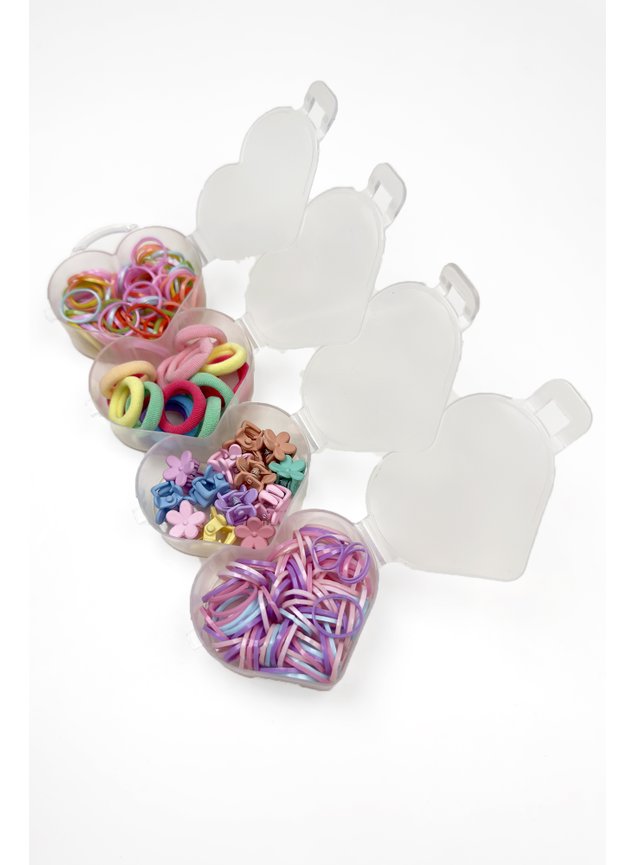 kit elasticos pinhas amarradores coloridos caixinha coracao x