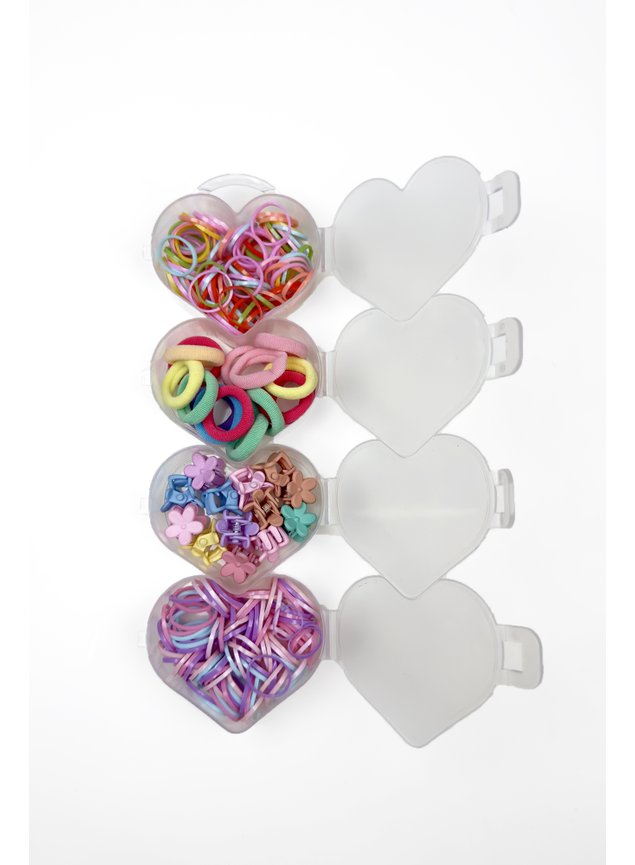 kit elasticos pinhas amarradores coloridos caixinha coracao