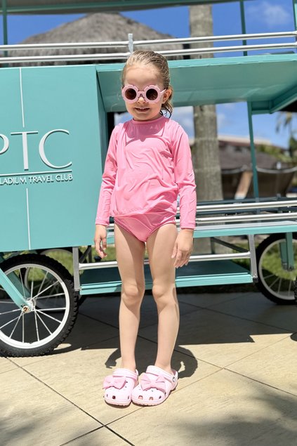 conjunto moda praia menina infantil miniconceito rosa neon
