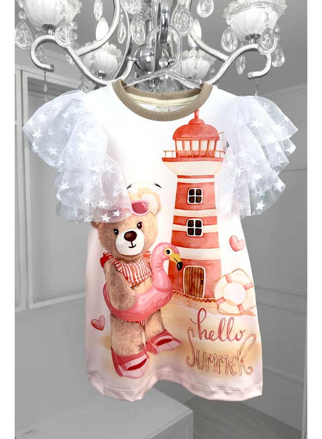 Vestido Infantil Ursinha Praia Verão Manga Curta Tule Estrelas