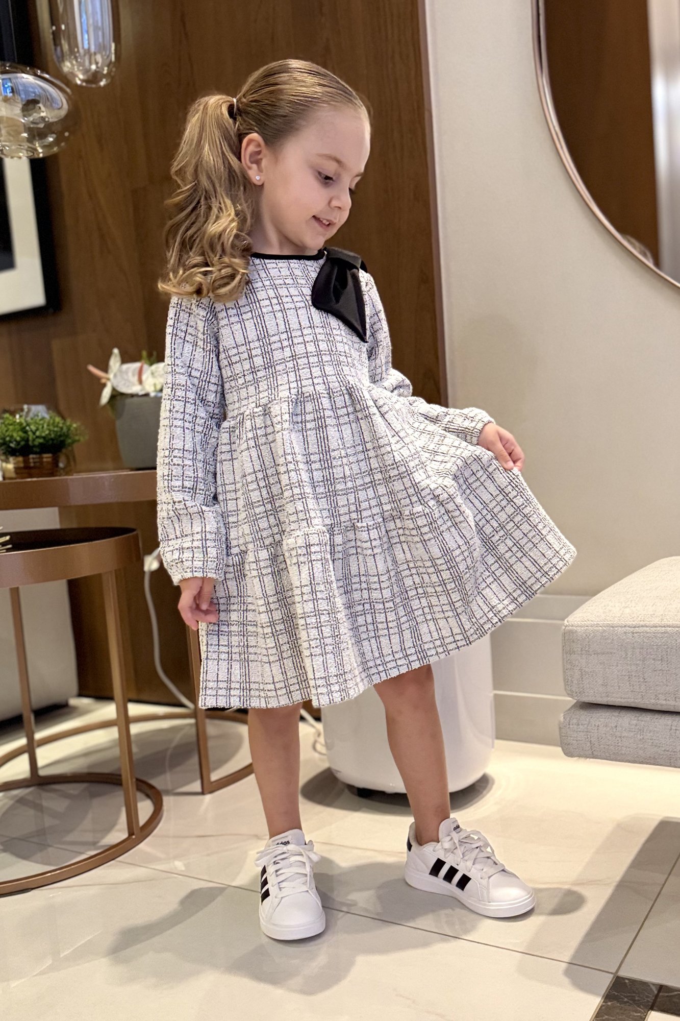 Vestido Infantil 3 Marias Xadrez Tweed Grande Laço Preto Cetim